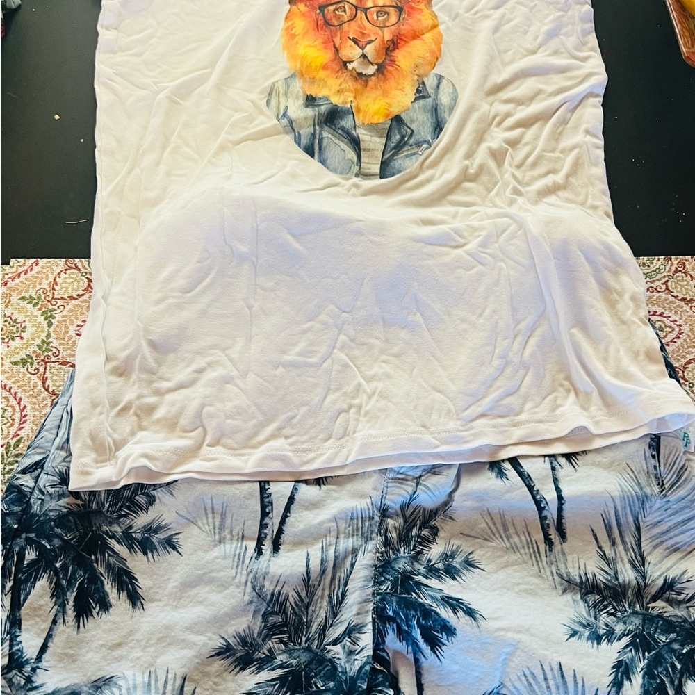 Boys Posh Peanut White Graphic Lion T-Shirt and Palm Tree Shorts Set